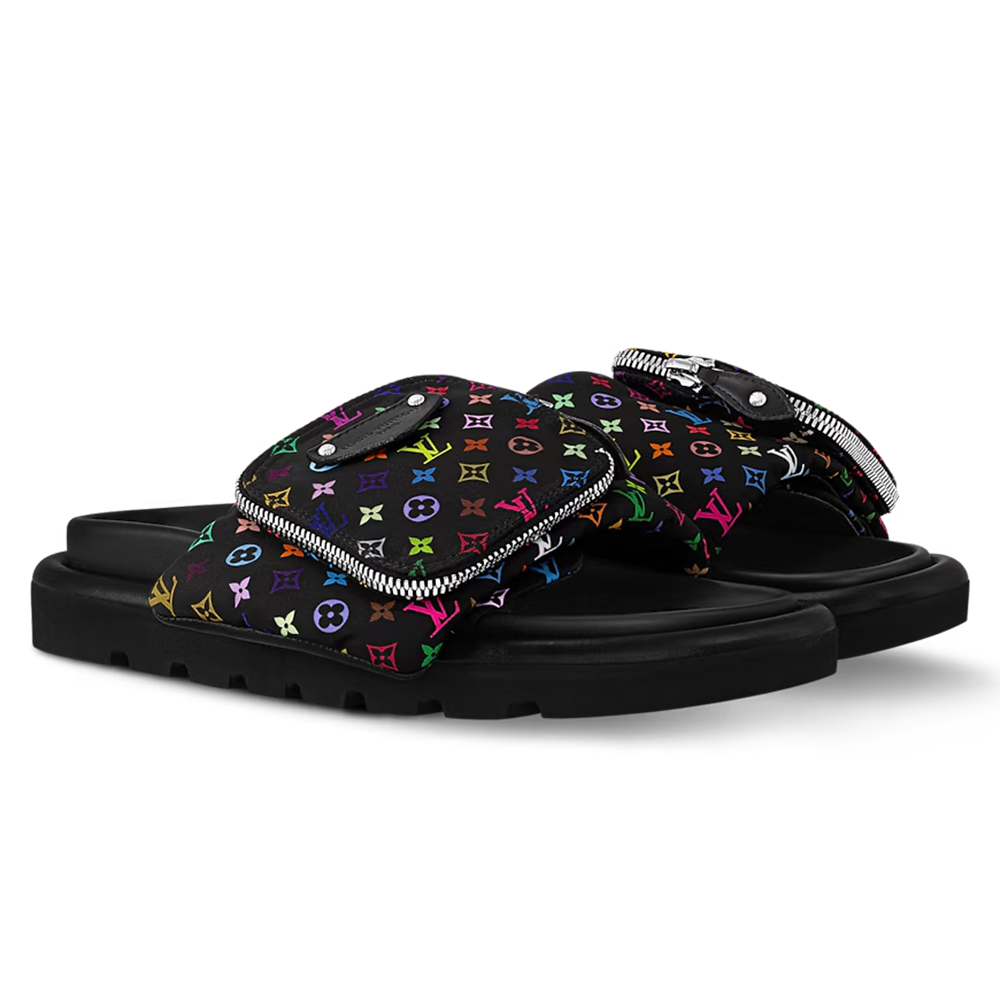 LV Pool Pillow Flat Comfort Mule x "Takashi Murakami" Black Multicolor