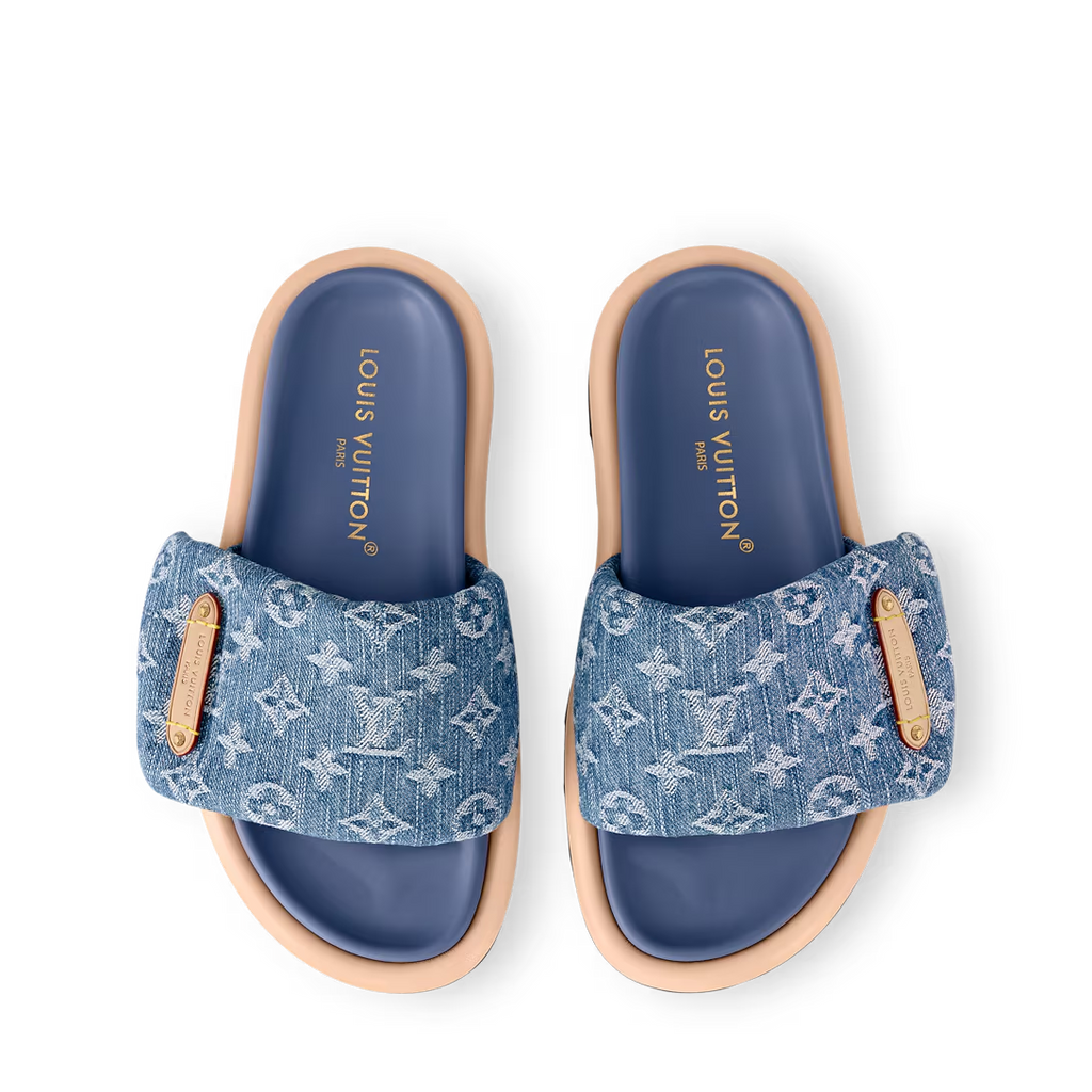 LV Pool Pillow Flat Comfort Mule Blue Denim