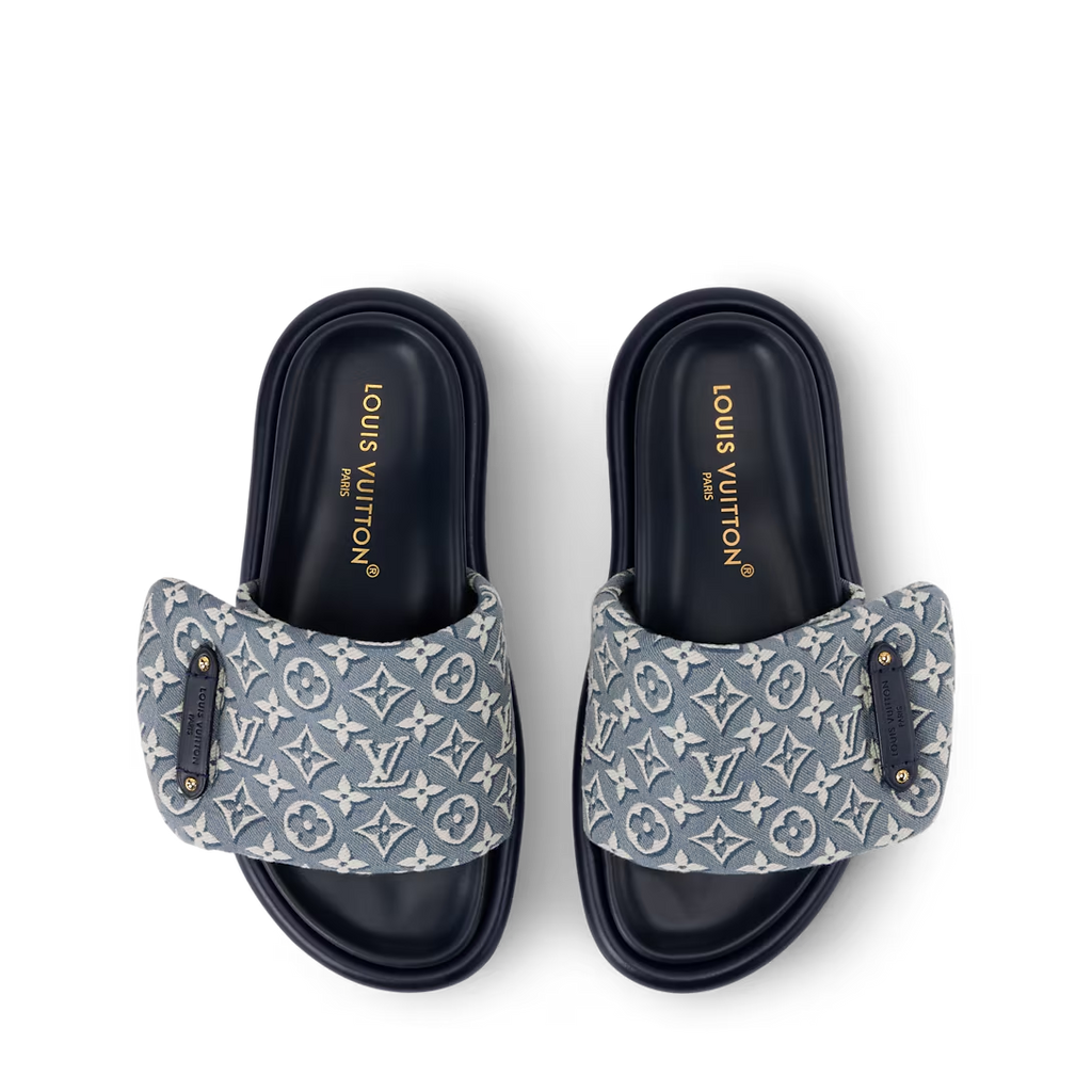 LV Pool Pillow Flat Comfort Mule Blue Jacquard